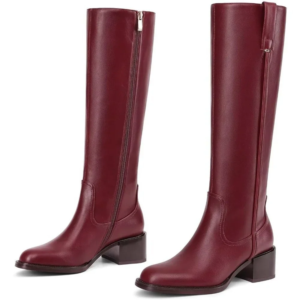 Women's Burgundy Chunky Low Block Heel Round Toe Faux Leather Knee High Boots